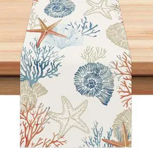 Bonhause Nautical Coastal Table Runner 13x72 Inch Ocean Themed Starfish Coral Conch Beach Kitchen Dinning Table Decoration for Indoor Outdoor Home Party Decor Bonhause Nautical Coastal Table Runner 13x72 Inch Ocean Themed Starfish Coral Conch Beach Kitchen Dinning Table Decoration for Indoor Outdoor Home Party Decor