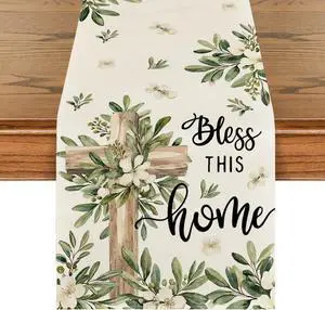 Artoid Mode Cross Olive Leaves Spring Table Runner,Seasonal Summer Easter Kitchen Dining Table Decoration for Home Party Decor 13x72 Inch Artoid Mode Cross Olive Leaves Spring Table Runner,Seasonal Summer Easter Kitchen Dining Table Decoration for Home Party Decor 13x72 Inch