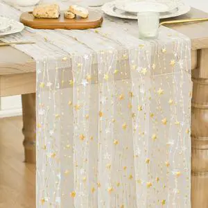 Artoid Mode Stars Beige Gauze Table Runner 10FT, Glitter Metallic Foil Sheer Dining Wedding Anniversary Holiday Birthday Table Decor for Home Party Artoid Mode Stars Beige Gauze Table Runner 10FT, Glitter Metallic Foil Sheer Dining Wedding Anniversary Holiday Birthday Table Decor for Home Party