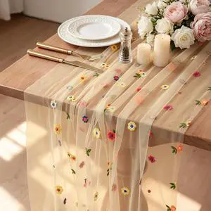 Embroidery Daisy Spring Summer Table Runner 10ft Florals Seasonal Easter Tulle Table Runner Kitchen Holiday Dining Table Decoration for Party Indoor Home (Champagne1pc) Embroidery Daisy Spring Summer Table Runner 10ft Florals Seasonal Easter Tulle Table Runner Kitchen Holiday Dining Table Decoration for Party Indoor Home (Champagne1pc)