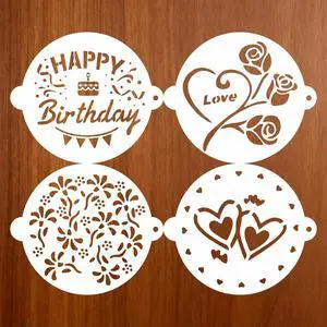 Cake Stencils Set 4 Templates - Happy Birthday, Love, Hearts, Floral - Reusable Laser-Cut for Fondant Buttercream Painting, Baking & DIY Decor (Art Deco) (4 Styles) Cake Stencils Set 4 Templates - Happy Birthday, Love, Hearts, Floral - Reusable Laser-Cut for Fondant Buttercream Painting, Baking & DIY Decor (Art Deco) (4 Styles)