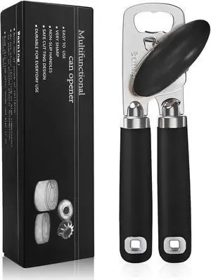 Safring Can Opener Manual, Heavy Duty Stainless Steel Smooth Edge Can Openers With Soft Touch Handle, Oversized Handheld Easy Turn Knob, Multi-Function Bottle Opener, Black Safring Can Opener Manual, Heavy Duty Stainless Steel Smooth Edge Can Openers With Soft Touch Handle, Oversized Handheld Easy Turn Knob, Multi-Function Bottle Opener, Black