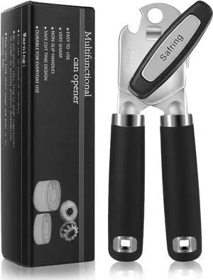 Safring Can Opener Manual, Heavy Duty Handheld Strong Can Opener with Soft Touch Handle, Sharp Blade Smooth Edge, Can Openers with Multifunctional Bottle Opener, Black Safring Can Opener Manual, Heavy Duty Handheld Strong Can Opener with Soft Touch Handle, Sharp Blade Smooth Edge, Can Openers with Multifunctional Bottle Opener, Black