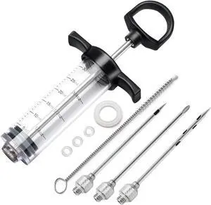 Tri-Sworker Plastic Meat Injector Kit for Smoker with 3 Flavor Food Syringe Needles, Ideal for Injecting Marinade into Turkey, Meat, Brisket; 1-OZ; Including Paper User Manual, Recipe E-Book (PDF) Tri-Sworker Plastic Meat Injector Kit for Smoker with 3 Flavor Food Syringe Needles, Ideal for Injecting Marinade into Turkey, Meat, Brisket; 1-OZ; Including Paper User Manual, Recipe E-Book (PDF)