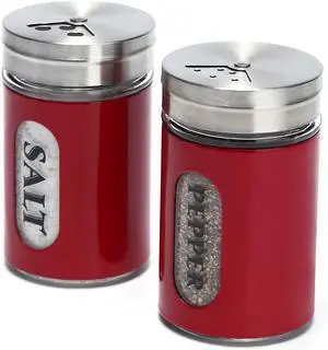 Salt and Pepper Shakers Stainless Steel and Glass Set with Adjustable Pour Holes (Red) Salt and Pepper Shakers Stainless Steel and Glass Set with Adjustable Pour Holes (Red)