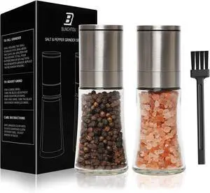Salt and Pepper Grinder Refillable Adjustable Pepper Mill Shaker | Pack of 2, Small Size Manual Salt Pepper Mill with Glass Container and Stainless Steel Cap, Ceramic Blade Salt and Pepper Grinder Refillable Adjustable Pepper Mill Shaker | Pack of 2, Small Size Manual Salt Pepper Mill with Glass Container and Stainless Steel Cap, Ceramic Blade