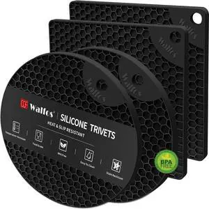 Walfos Silicone Trivet Mats - 4 Heat Resistant Pot Holders, Multipurpose Non-Slip Hot Pads for Kitchen Potholders, Hot Dishers, Jar Opener, Spoon Holder, Food Grade Silicone & BPA Free (Black) Walfos Silicone Trivet Mats - 4 Heat Resistant Pot Holders, Multipurpose Non-Slip Hot Pads for Kitchen Potholders, Hot Dishers, Jar Opener, Spoon Holder, Food Grade Silicone & BPA Free (Black)