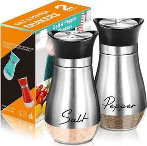 Salt and Pepper Shakers - 4 oz Silver Glass Set with Stainless Steel Lids | Refillable Glass Shakers with Stainless Steel Lids for Cooking, Dining, RV Trips, Camping and BBQs; 4 oz Capacity Each. Salt and Pepper Shakers - 4 oz Silver Glass Set with Stainless Steel Lids | Refillable Glass Shakers with Stainless Steel Lids for Cooking, Dining, RV Trips, Camping and BBQs; 4 oz Capacity Each.