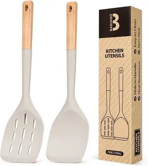 Badiano Silicone Spatula, Non Stick Turner for Cooking, Food Grade, Khaki | Heat Resistant, Flexible Edge, 2 Pack Wooden Handle Kitchen Turner for Baking Mixing Grilling Serving Food Badiano Silicone Spatula, Non Stick Turner for Cooking, Food Grade, Khaki | Heat Resistant, Flexible Edge, 2 Pack Wooden Handle Kitchen Turner for Baking Mixing Grilling Serving Food