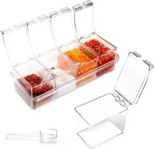 Clear Seasoning Box, 4 Piece Seasoning Rack Spice Pots, Plastic Storage Container Condiment Jars with Lids and Spoon, Storage Container Spice Jar for Salt Sugar Tea Herbal Coffee Beans Clear Seasoning Box, 4 Piece Seasoning Rack Spice Pots, Plastic Storage Container Condiment Jars with Lids and Spoon, Storage Container Spice Jar for Salt Sugar Tea Herbal Coffee Beans