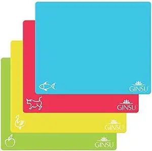 Ginsu Flexible Plastic Cutting Boards - Extra Thick 1.2mm Dishwasher Safe BPA Free - Colorful Cutting Mats with Slip Resistant Waffle Back (Set of 4) Ginsu Flexible Plastic Cutting Boards - Extra Thick 1.2mm Dishwasher Safe BPA Free - Colorful Cutting Mats with Slip Resistant Waffle Back (Set of 4)