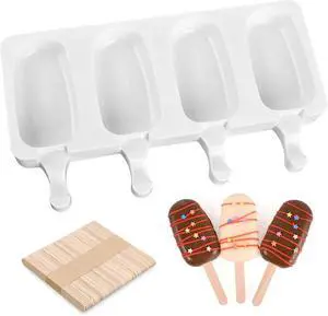 Sakolla Popsicle Silicone Mold with 50 Pcs Wooden Sticks | Food Grade Silicone, Easy to Use, Oval Homemade Ice Cream Molds for Ice Pop, Cakesicles, Cake Pop Sakolla Popsicle Silicone Mold with 50 Pcs Wooden Sticks | Food Grade Silicone, Easy to Use, Oval Homemade Ice Cream Molds for Ice Pop, Cakesicles, Cake Pop
