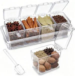 Clear Seasoning Box, 4 Pieces Seasoning Rack Spice Pots, Storage Container Condiment Jars Acrylic Seasoning Box with Covers and Spoons for Spice, Sugar, Salt, Sugar, Cardamon, Cinnamon Clear Seasoning Box, 4 Pieces Seasoning Rack Spice Pots, Storage Container Condiment Jars Acrylic Seasoning Box with Covers and Spoons for Spice, Sugar, Salt, Sugar, Cardamon, Cinnamon