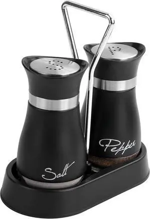 2 PCS - Stainless Steel and Glass Salt and Pepper Shaker Sets with Holder (BLACK) 2 PCS - Stainless Steel and Glass Salt and Pepper Shaker Sets with Holder (BLACK)
