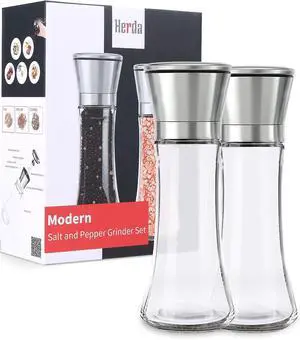 Herda Salt and Pepper Grinder - Refillable 304 Brushed Stainless Steel Shaker - Adjustable Ceramic Sea Salt & Pepper Grinder - Tall Glass Salt- Pepper Mill & Salt Mill (2Pcs) Herda Salt and Pepper Grinder - Refillable 304 Brushed Stainless Steel Shaker - Adjustable Ceramic Sea Salt & Pepper Grinder - Tall Glass Salt- Pepper Mill & Salt Mill (2Pcs)