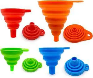 Collapsible Silicone Kitchen Funnels, 4 Pack Food Grade Foldable Funnel Set, 2 Small & 2 Large Funnels for Bottles, Oil, Spice Jars, Liquid Transfer, Dishwasher Safe Collapsible Silicone Kitchen Funnels, 4 Pack Food Grade Foldable Funnel Set, 2 Small & 2 Large Funnels for Bottles, Oil, Spice Jars, Liquid Transfer, Dishwasher Safe