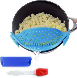 Clip On Kitchen Food Strainer for Spaghetti, Meat, Pasta, & Ground Beef Grease, Colander & Sieve Snaps or Clips Onto Bowls, Pots & Pans Includes Silicone Drainer, Brush & Garlic Peeler (LtBlue) Clip On Kitchen Food Strainer for Spaghetti, Meat, Pasta, & Ground Beef Grease, Colander & Sieve Snaps or Clips Onto Bowls, Pots & Pans Includes Silicone Drainer, Brush & Garlic Peeler (LtBlue)