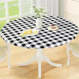 misaya Round Fitted Tablecloth with Elastic Edge, Buffalo Plaid Waterproof Vinyl Flannel Backed Table Cloth Cover Fits 18"-24" Round Tables for Dinner, Outdoor, Picnic, Black White Check misaya Round Fitted Tablecloth with Elastic Edge, Buffalo Plaid Waterproof Vinyl Flannel Backed Table Cloth Cover Fits 18"-24" Round Tables for Dinner, Outdoor, Picnic, Black White Check