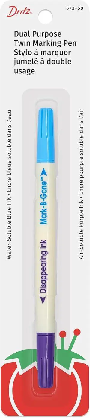 Dritz Dual Purpose Disappearing Ink & Mark-B-Gone, Marking Pen, Blue and Purple, 8.75 x 2.88 x 0.5 | Disappearing Ink & Mark-B-Gone Fabric Marking Pen Dritz Dual Purpose Disappearing Ink & Mark-B-Gone, Marking Pen, Blue and Purple, 8.75 x 2.88 x 0.5 | Disappearing Ink & Mark-B-Gone Fabric Marking Pen