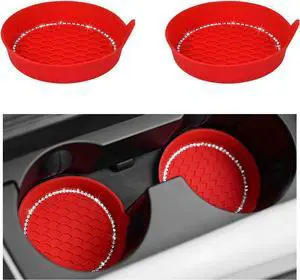 2 PCS Bling Car Cup Coaster, Crystal Rhinestone Cup Holder Insert for Car Interior Decoration, Non Slip Shockproof Silicon Sparkly Drink Met Universal for Most Vehicles (Red) 2 PCS Bling Car Cup Coaster, Crystal Rhinestone Cup Holder Insert for Car Interior Decoration, Non Slip Shockproof Silicon Sparkly Drink Met Universal for Most Vehicles (Red)