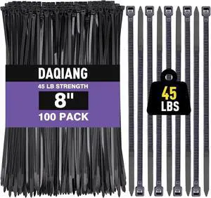Black 8 Inch Zip Ties (100 Pack), 45LBS Tensile Strength, UV Resistant Nylon Cable Ties for Indoor & Outdoor Cable Management. Self-Locking Wire Ties.DAQIANG Black 8 Inch Zip Ties (100 Pack), 45LBS Tensile Strength, UV Resistant Nylon Cable Ties for Indoor & Outdoor Cable Management. Self-Locking Wire Ties.DAQIANG