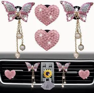 4 Pcs Pink Heart and Butterfly Pandent Air Vent Clips, Bling Heart Air Fresheners Vents Clips Diamond Car Interior Decor Bling Cute Car Accessories + Sunflower Mask Hook 4 Pcs Pink Heart and Butterfly Pandent Air Vent Clips, Bling Heart Air Fresheners Vents Clips Diamond Car Interior Decor Bling Cute Car Accessories + Sunflower Mask Hook