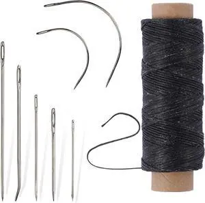 55 Yards Waxed Thread with 7 Leather Needles for Hand Sewing | Polyester 150D Flat Waxed Thread, 5 Straight & 2 Curved Steel Needles, For Leather, Canvas, Bags, Sofa Repair 55 Yards Waxed Thread with 7 Leather Needles for Hand Sewing | Polyester 150D Flat Waxed Thread, 5 Straight & 2 Curved Steel Needles, For Leather, Canvas, Bags, Sofa Repair