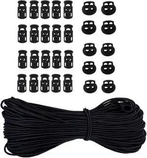 30pcs Plastic Cord Locks with 1/8-Inch 50ft Elastic Cord Heavy Stretch Round String, 10Pcs Sing-Hole, 10pcs Double-Hole Spring Toggle Stopper Slider (3mm-Black) 30pcs Plastic Cord Locks with 1/8-Inch 50ft Elastic Cord Heavy Stretch Round String, 10Pcs Sing-Hole, 10pcs Double-Hole Spring Toggle Stopper Slider (3mm-Black)