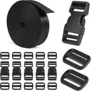 BEYOURD Buckles and Straps Set 1": 6 Yards of Thick Nylon Webbing, 6-Pack Heavy Duty Adjustable Quick Side Release Plastic Buckles, 12 Tri-Glide Slide Clips, Black (1-Inch Combo Set) BEYOURD Buckles and Straps Set 1": 6 Yards of Thick Nylon Webbing, 6-Pack Heavy Duty Adjustable Quick Side Release Plastic Buckles, 12 Tri-Glide Slide Clips, Black (1-Inch Combo Set)