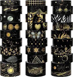NANYNNU Black Washi Tape Set, 27 Rolls Black Gold Foil Decorative Masking Tape for Bullet Journaling, Scrapbooking Supplies, Watercolor Painting NANYNNU Black Washi Tape Set, 27 Rolls Black Gold Foil Decorative Masking Tape for Bullet Journaling, Scrapbooking Supplies, Watercolor Painting