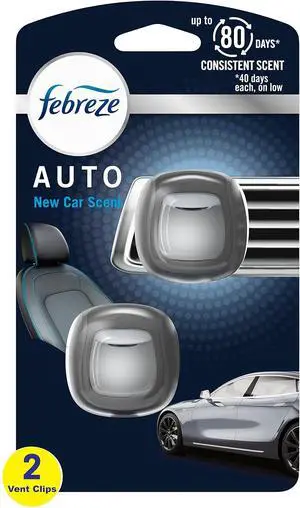 Febreze AUTO Air Freshener, Odor-Fighting Automotive Vent Clip, Scented Car Accessories, Long Lasting for Strong Odors, New Car Scent, 2 Count Febreze AUTO Air Freshener, Odor-Fighting Automotive Vent Clip, Scented Car Accessories, Long Lasting for Strong Odors, New Car Scent, 2 Count