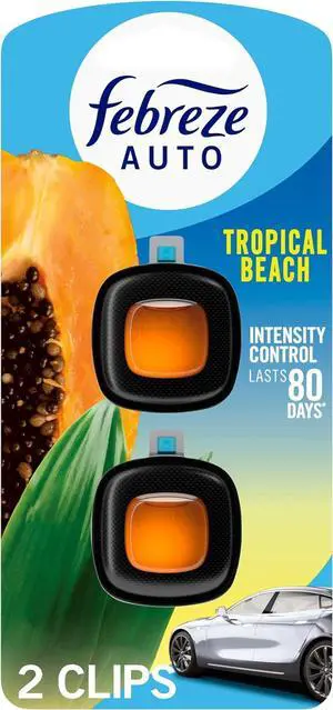 Febreze AUTO Air Freshener, Odor-Fighting Automotive Vent Clip, Scented Car Accessories, Long Lasting for Strong Odors, Tropical Beach Scent, 2 Count Febreze AUTO Air Freshener, Odor-Fighting Automotive Vent Clip, Scented Car Accessories, Long Lasting for Strong Odors, Tropical Beach Scent, 2 Count