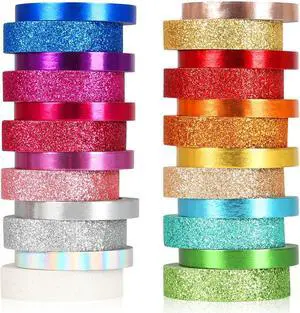 Metallic Glitter Washi Tape - 24 Rolls Thin Colored Masking Tape Set, 6mm/10mm Decorative Tapes for Bullet Journal, Scrapbook, Christmas DIY Crafts, Gift Packaging Metallic Glitter Washi Tape - 24 Rolls Thin Colored Masking Tape Set, 6mm/10mm Decorative Tapes for Bullet Journal, Scrapbook, Christmas DIY Crafts, Gift Packaging