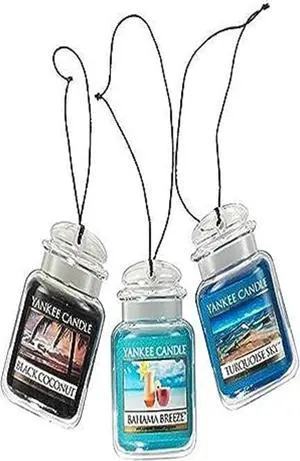 Yankee Candle Car Air Fresheners Hanging Car Jar Ultimate 3-Pack Neutralizes Odors Up To 30 Days Includes: 1 Bahama Breeze 1 Black Coconut and 1 Turquoise Sky Yankee Candle Car Air Fresheners Hanging Car Jar Ultimate 3-Pack Neutralizes Odors Up To 30 Days Includes: 1 Bahama Breeze 1 Black Coconut and 1 Turquoise Sky