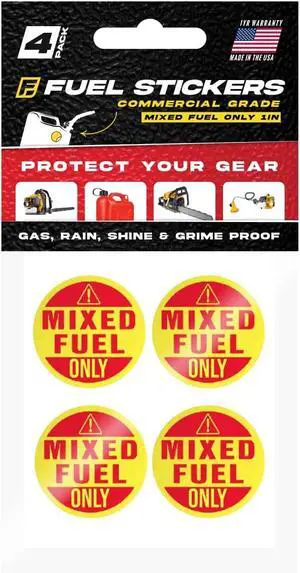 Mixed Fuel Only Sticker, 2 Cycle Labels for Outdoor Fuel Power Equipment - Weather Proof, Extreme Stick, Commercial Grade Labels by Fuel Stickers - USA Made (1" Round), 4 Pack Mixed Fuel Only Sticker, 2 Cycle Labels for Outdoor Fuel Power Equipment - Weather Proof, Extreme Stick, Commercial Grade Labels by Fuel Stickers - USA Made (1" Round), 4 Pack
