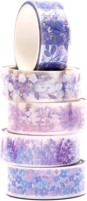 YUBBAEX 5 Rolls Floral Washi Tape Set PET Decorative Flowers Patterns Transparent Masking Tapes for Arts, DIY Crafts, Journals, Planners, Scrapbook, Wrapping (Lavender) YUBBAEX 5 Rolls Floral Washi Tape Set PET Decorative Flowers Patterns Transparent Masking Tapes for Arts, DIY Crafts, Journals, Planners, Scrapbook, Wrapping (Lavender)
