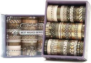 36 Rolls Skinny Washi Tape Set Gold Foil Detailing Arts Adhesive Tapes Basic Patterns Decorative Masking Tape Sets for Craft, Kids, Scrapbook, DIY, Gift Wrapping (Black & Gold) 36 Rolls Skinny Washi Tape Set Gold Foil Detailing Arts Adhesive Tapes Basic Patterns Decorative Masking Tape Sets for Craft, Kids, Scrapbook, DIY, Gift Wrapping (Black & Gold)