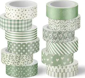 Whaline 12 Rolls Sage Green Floral Washi Tape Masking Tape Set Flower Leaves Plaid Striped Decorative Wrapping Paper Tapes Boxed for Wedding Scrapbook Journal DIY Crafts Whaline 12 Rolls Sage Green Floral Washi Tape Masking Tape Set Flower Leaves Plaid Striped Decorative Wrapping Paper Tapes Boxed for Wedding Scrapbook Journal DIY Crafts