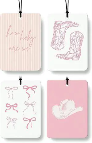 Pink Western Car Air Freshener 4 Pcs Coconut Scented, Coquette Preppy Pink Cowgirl Car Accessories Mirror Decor for Women, How Lucky are We Hanging Air Freshener for Cars Closet Drawer Books Pink Western Car Air Freshener 4 Pcs Coconut Scented, Coquette Preppy Pink Cowgirl Car Accessories Mirror Decor for Women, How Lucky are We Hanging Air Freshener for Cars Closet Drawer Books