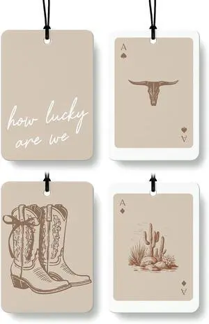 Boho Beige Western Car Air Freshener 4 Pcs, Preppy Cowgirl Cow Skull Cactus Ace Card Hanging Air Freshener for Cars Closet Drawer Books, Cute Western Car Accessories Mirror Decor for Women Boho Beige Western Car Air Freshener 4 Pcs, Preppy Cowgirl Cow Skull Cactus Ace Card Hanging Air Freshener for Cars Closet Drawer Books, Cute Western Car Accessories Mirror Decor for Women