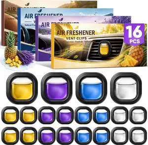 16 Pack Car Air Freshener Vent Clips, 4 Plant-Based Scents, Car Fresheners | 16 car vent air fresheners with plant-based fragrance extracts; 4 each in Pineapple, Lavender, Ocean and New Car 16 Pack Car Air Freshener Vent Clips, 4 Plant-Based Scents, Car Fresheners | 16 car vent air fresheners with plant-based fragrance extracts; 4 each in Pineapple, Lavender, Ocean and New Car