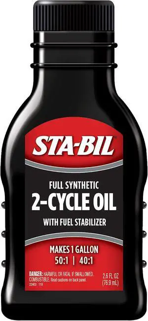 STA-BIL Full Synthetic 2-Cycle Oil, 2.6 oz | Makes 1 gallon at 50:1 or 40:1 while helping stabilize fuel for up to 12 months. STA-BIL Full Synthetic 2-Cycle Oil, 2.6 oz | Makes 1 gallon at 50:1 or 40:1 while helping stabilize fuel for up to 12 months.