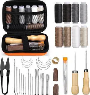 ZXIIXZ 40 Pcs Sewing Kit, Heavy Duty Sewing Kit for Adults | Leather Working Kits with 8 Colors Upholstery Thread, Upholstery Needles, Scratch Awl for Carseat, Backpack, Shoes ZXIIXZ 40 Pcs Sewing Kit, Heavy Duty Sewing Kit for Adults | Leather Working Kits with 8 Colors Upholstery Thread, Upholstery Needles, Scratch Awl for Carseat, Backpack, Shoes