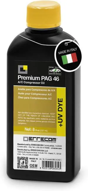 PAG 46 + Dye - 8 flz, A/C Compressor Oil for Vehicles, Including Electric Compressors, Working with R134a and R1234yf PAG 46 + Dye - 8 flz, A/C Compressor Oil for Vehicles, Including Electric Compressors, Working with R134a and R1234yf