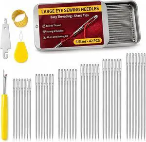 42 Pcs Large Eye Hand Sewing Needles, 6 Sizes Easy Threading Sharp Stainless Steel Sewing Needles Kit with Threader, Thimble, Seam Ripper & Metal Case for Mending, Embroidery, Leather & Crafts 42 Pcs Large Eye Hand Sewing Needles, 6 Sizes Easy Threading Sharp Stainless Steel Sewing Needles Kit with Threader, Thimble, Seam Ripper & Metal Case for Mending, Embroidery, Leather & Crafts