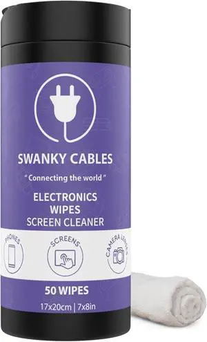 Swanky Cables Screen Cleaner Wipes: Electronic Wipes for Screens - Computer Screen Wipes for Lens, Phone, Tv Screen and Monitor Cleaning - Tech Wipes & Microfiber Cloth (Canister, 50 Count) Swanky Cables Screen Cleaner Wipes: Electronic Wipes for Screens - Computer Screen Wipes for Lens, Phone, Tv Screen and Monitor Cleaning - Tech Wipes & Microfiber Cloth (Canister, 50 Count)
