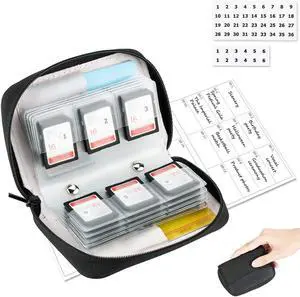 28 Slots SD Card Holder Case with Labels for 24 SD+4 CFB Cards | Holds 24 SD + 4 CF/XQD. Number stickers + notepaper for indexing. Durable polyester. Transparent slots memory Card case. 28 Slots SD Card Holder Case with Labels for 24 SD+4 CFB Cards | Holds 24 SD + 4 CF/XQD. Number stickers + notepaper for indexing. Durable polyester. Transparent slots memory Card case.