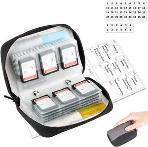 28 Slots SD Card Holder Case with Labels for 24 SD+4 CFB Cards | Holds 24 SD + 4 CF/XQD. Number stickers + notepaper for indexing. Durable polyester. Transparent slots memory Card case. 28 Slots SD Card Holder Case with Labels for 24 SD+4 CFB Cards | Holds 24 SD + 4 CF/XQD. Number stickers + notepaper for indexing. Durable polyester. Transparent slots memory Card case.