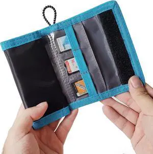 Memory Card Wallet - SD Card Storage - Slim and Foldable with Transparent Slots - Can Carry Up to 15 SD Cards - Straps with Tether Included - (Black/Blue) Memory Card Wallet - SD Card Storage - Slim and Foldable with Transparent Slots - Can Carry Up to 15 SD Cards - Straps with Tether Included - (Black/Blue)