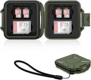 JJC Small SD Card Case Holder for 4 SD & 8 Micro SD Memory Cards, Green | 12 Slots, Slim & Lightweight Design, Water-Resistant & Shockproof, Soft EVA Interior, Includes Wrist Strap, Easy to Carry JJC Small SD Card Case Holder for 4 SD & 8 Micro SD Memory Cards, Green | 12 Slots, Slim & Lightweight Design, Water-Resistant & Shockproof, Soft EVA Interior, Includes Wrist Strap, Easy to Carry